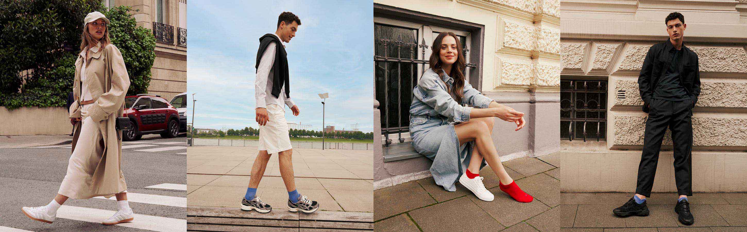 Männer und Frauen tragen unterschiedliche Arten von Sneakersocken von FALKE und laufen lachend auf der Straße