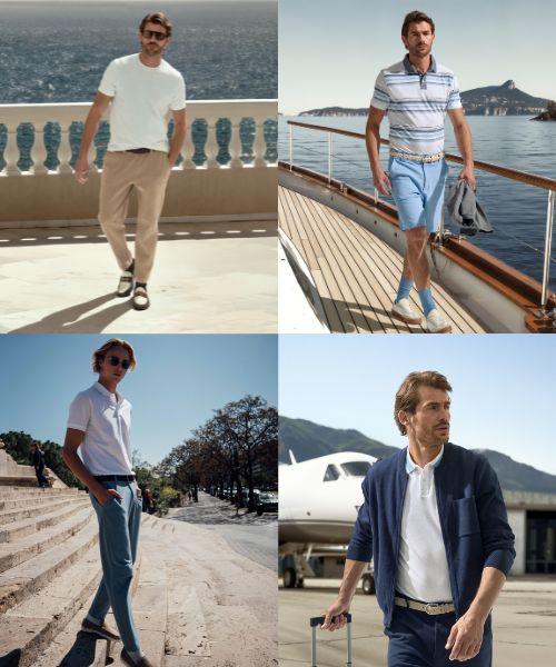 Collage mit vier Männern in sommerlichen Freizeitlooks in maritimen und mediterranen Umgebungen.