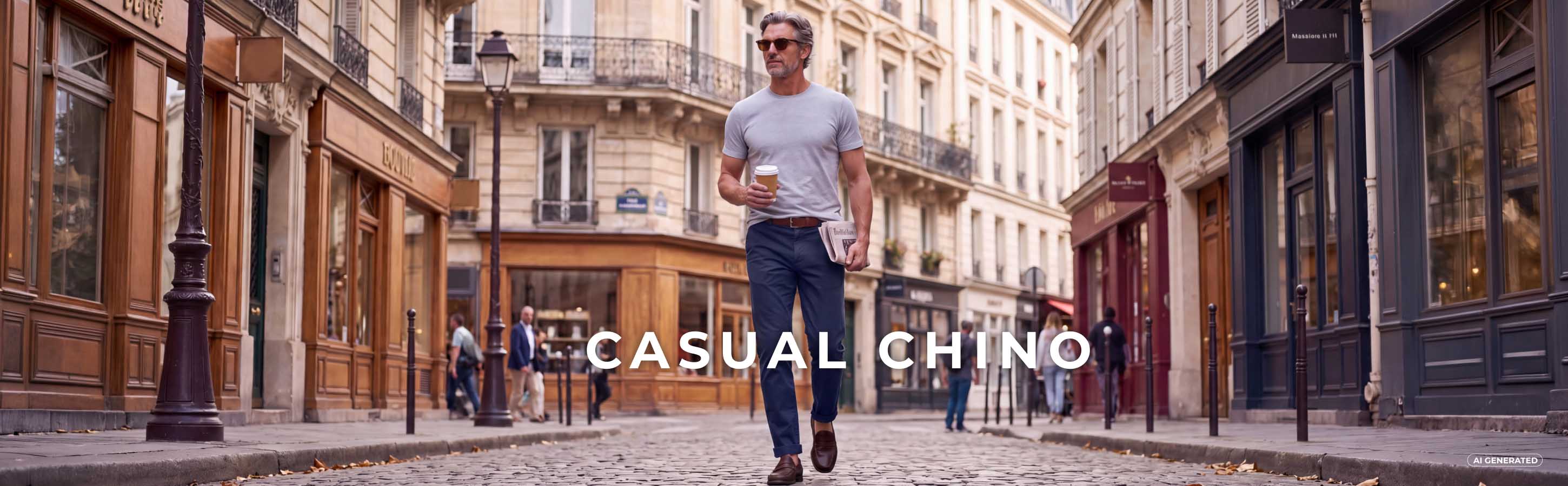 Mann läuft mit grauem Shirt und blauer Chino durch eine Stadt, Text Casual Chino. Bild ist KI generiert.