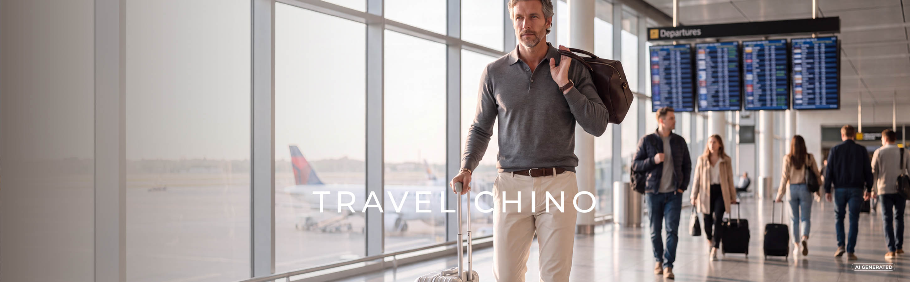 Travel Chino für Herren Mann geht mit Travel Chino und Koffer durch den Flughafen. Das Bild ist KI generiert.