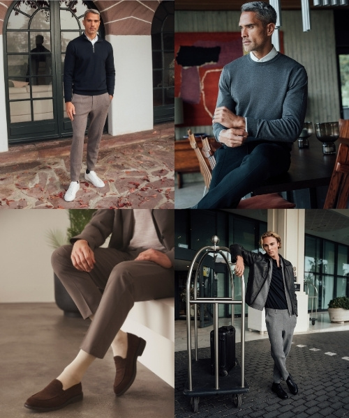 Collage mit vier Männern in eleganten Freizeit- und Business-Casual-Looks in urbanem und wohnlichem Umfeld