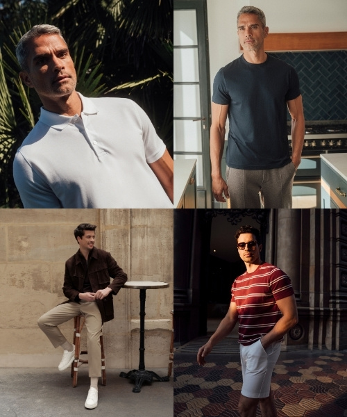 Collage mit vier Herren in zeitlosen Casual-Outfits in verschiedenen Alltagssituationen