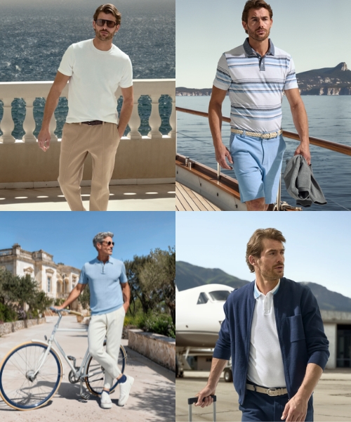 Collage mit sommerlichen Herren-Outfits in hellen Farben und leichten Materialien