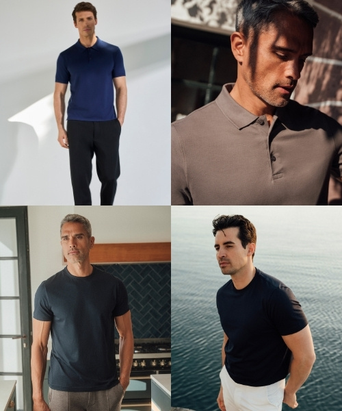 Collage mit vier Männern in modernen Basic-Looks mit Poloshirts und T-Shirts in neutralen Farben.