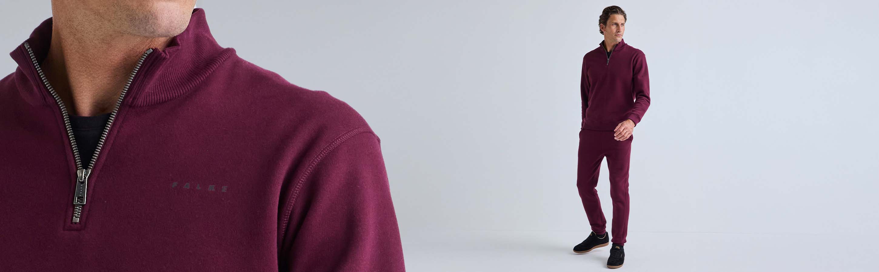 FALKE Loungewear Bekleidung für Herren Ein Mann trägt einen burgunder farbenen Sweatanzug von FALKE. Links ist eine Nahaufnahme von dem Half Zip Pullover.