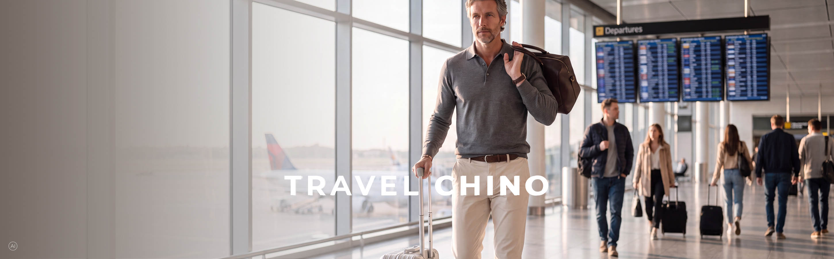 Travel Chino für Herren Mann trägt beige Travel Chino am Flughafen, Text Travel Chino. Das Bild ist KI generiert.