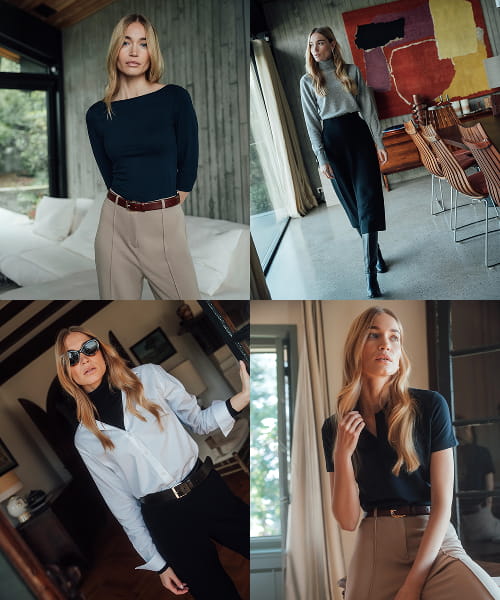 Collage mit vier Business Looks für Damen in Bluse, Shirt, Rollkragenpullover und Rock.