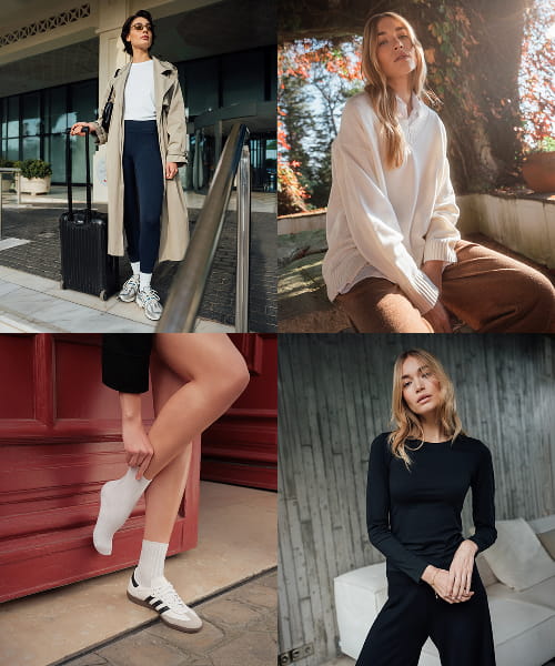 Collage mit vier Casual Looks für Damen, mit Mantel, Strick, Socken und schwarzem Outfit.