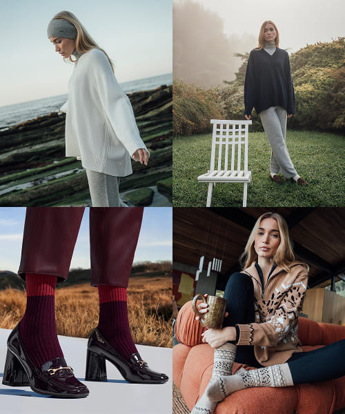 Collage mit vier Fall Winter Looks für Damen, mit Strick, Socken und warmen Accessoires.