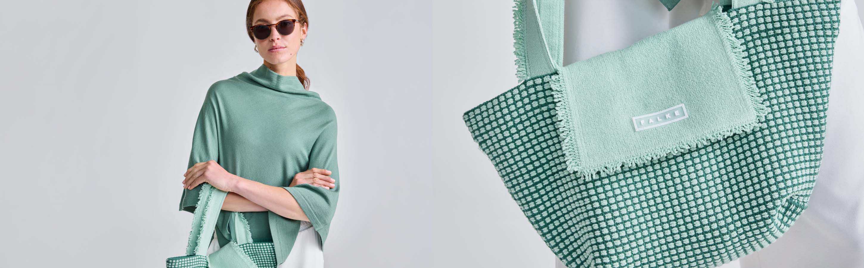 Accessoires für Damen Eine Frau trägt einen grünen Poncho und passend dazu eine grüne Shopper Tasche von Falke. Rechts ist eine Nahaufnahme der Tasche zu sehen.