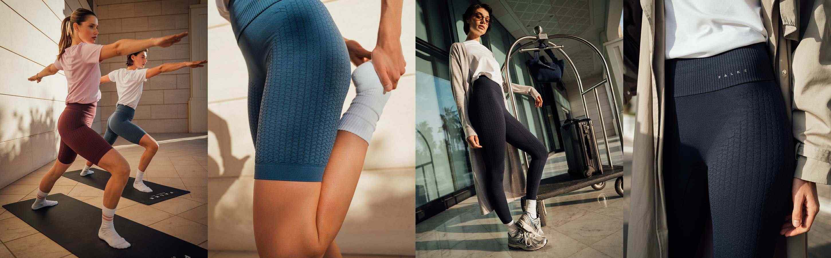 Collage mit Frauen in sportlichen Leggings beim Training und im Alltag, Nahaufnahmen von Struktur Material und Passform