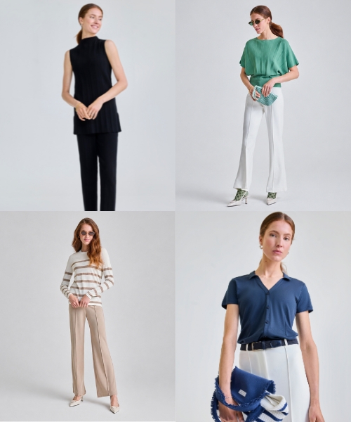 Collage mit Frauen in eleganten Business Looks mit Hosen Kleidern und Strick vor hellem neutralem Hintergrund