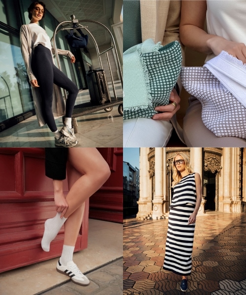 Collage mit Casual Outfits, Socken und Accessoires in Alltag und Stadtumgebung mit Frauen in modernen Sommerlooks