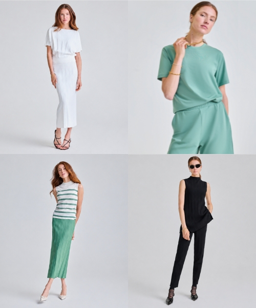 Collage mit Frauen in abgestimmten Sets aus Kleidern Röcken Shorts und Hosen vor hellem neutralem Hintergrund