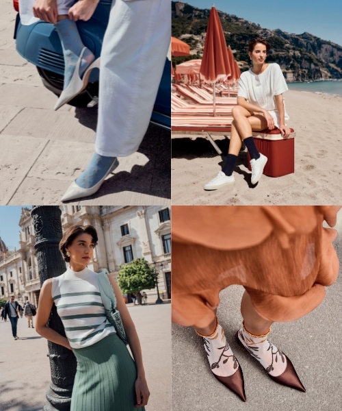 Collage mit sommerlichen Looks, Socken und Accessoires in Stadt und Urlaubsumgebung mit Frauen in modernen Outfits