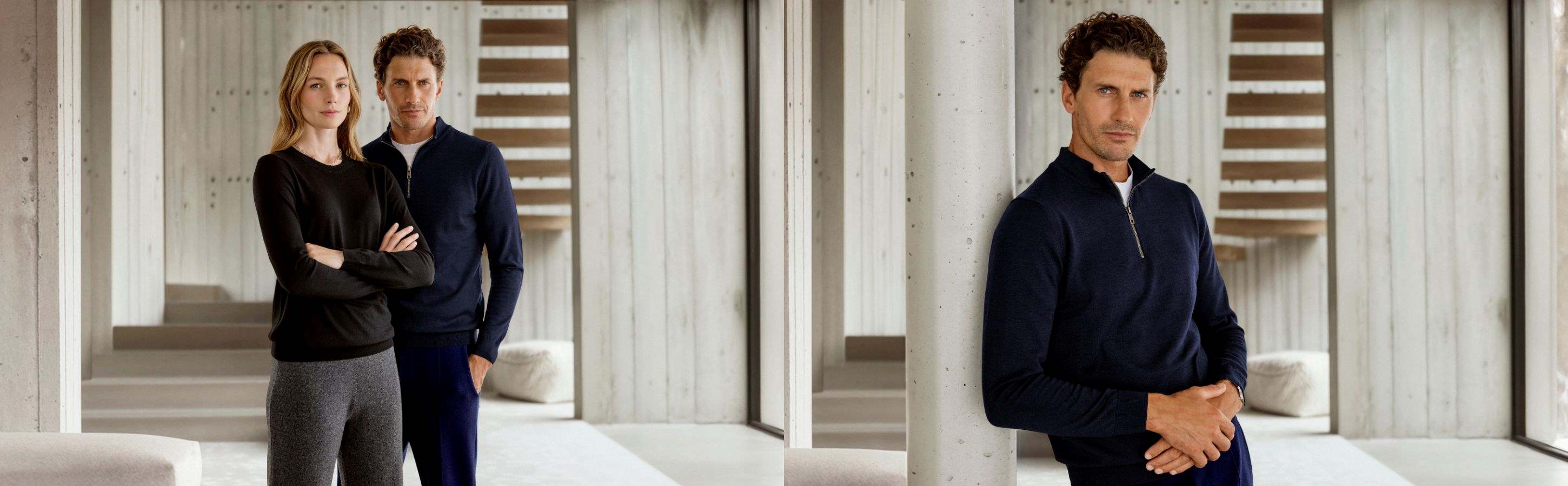 FALKE Merino Bekleidung für Herren Frau und Mann stehen nebeinander, beide tragen Pullover von FALKE aus Merinowolle. Rechts steht der Mann im Fokus mit dunkelblauem Pullover