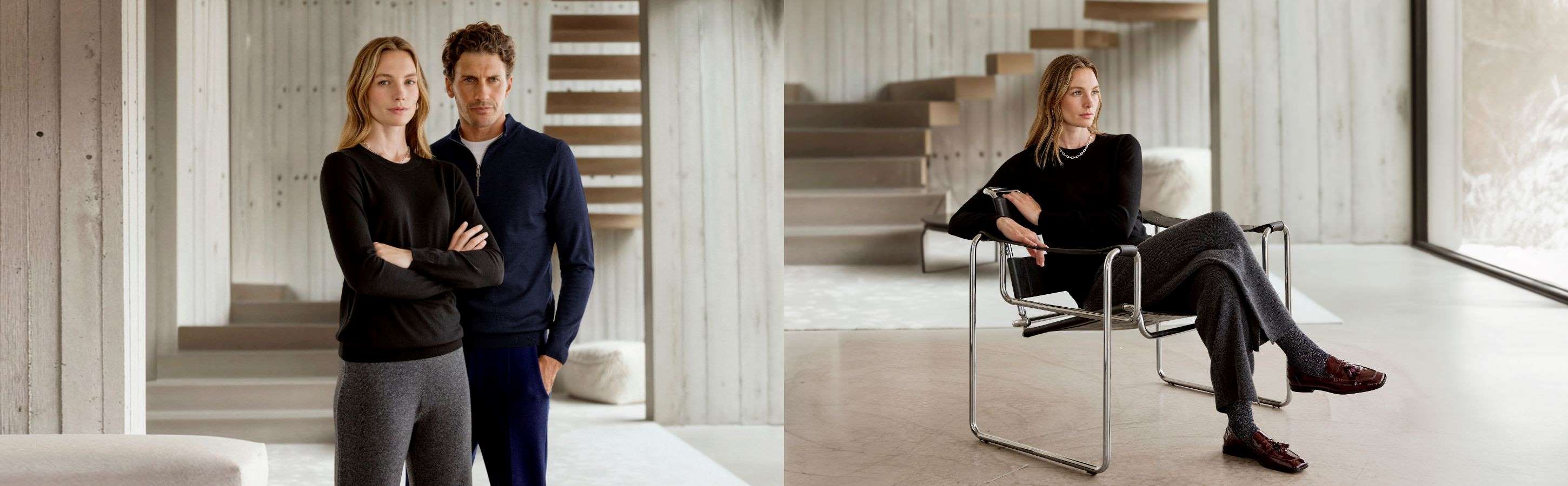 Frau und Mann stehen nebeinander, beide tragen Pullover von FALKE aus Merinowolle. Rechts steht die Frau  im Fokus mit schwarzem Pullover