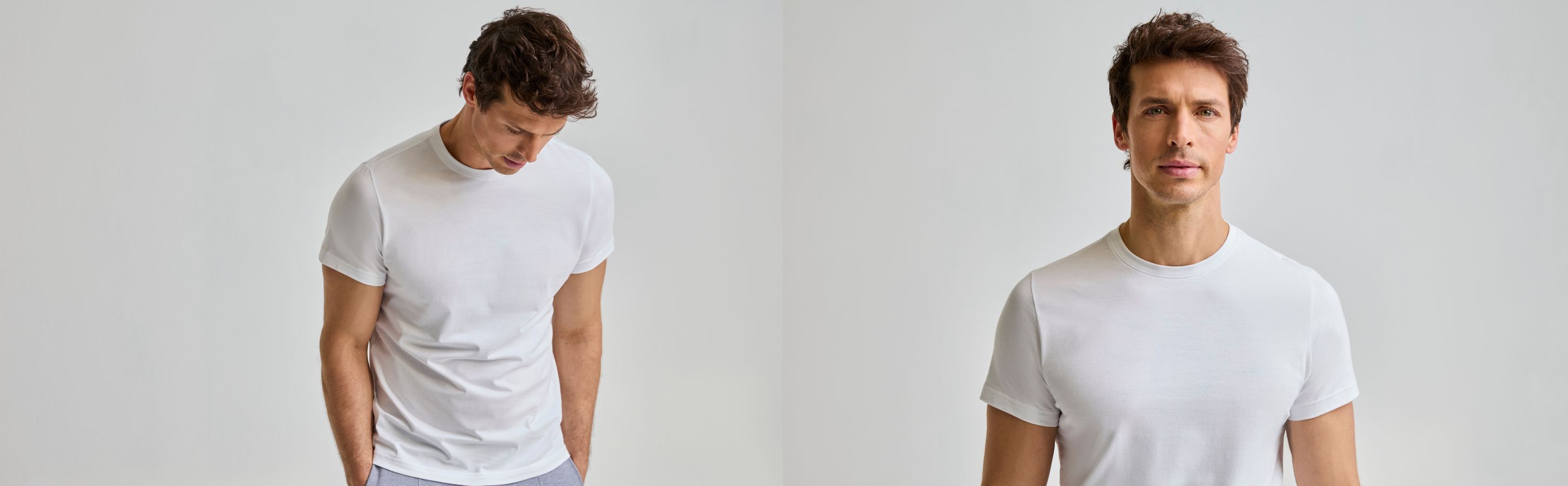 FALKE Pima Cotton Bekleidung für Herren Mann trägt ein weißes FALKE T-Shirt aus Pima Baumwolle. Auf dem linken Bild schaut er Richtung Boden, rechts in die Kamera.