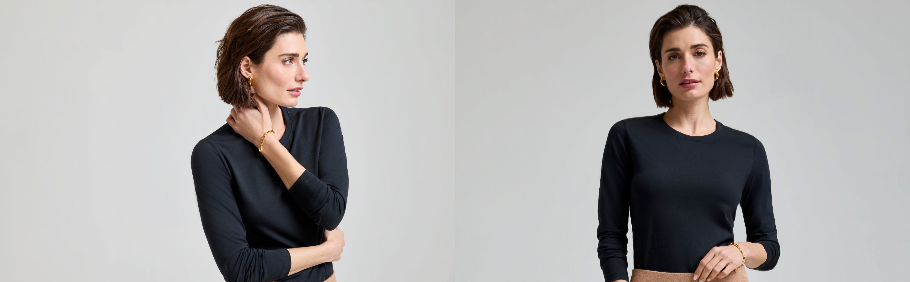 Frau trägt ein schwarzes FALKE Langarmshirt aus Pima Baumwolle. Auf dem linken Bild schaut sie zur Seite, rechts in die Kamera.