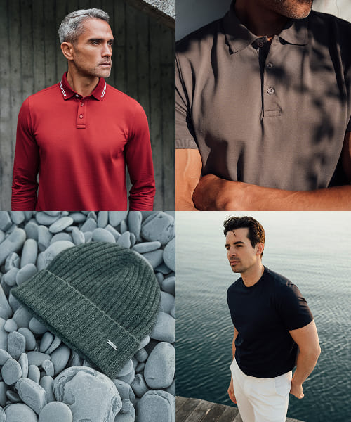Collage mit Poloshirts, Mütze und schwarzem Shirt für Herren.