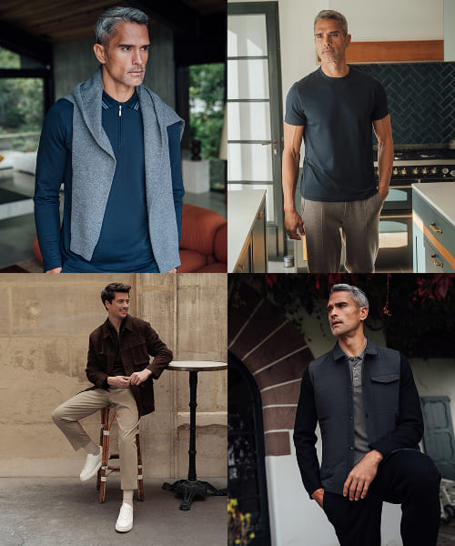 Collage mit Casual Looks für Herren, mit Poloshirt, Shirt, Jacke und Sneakern.