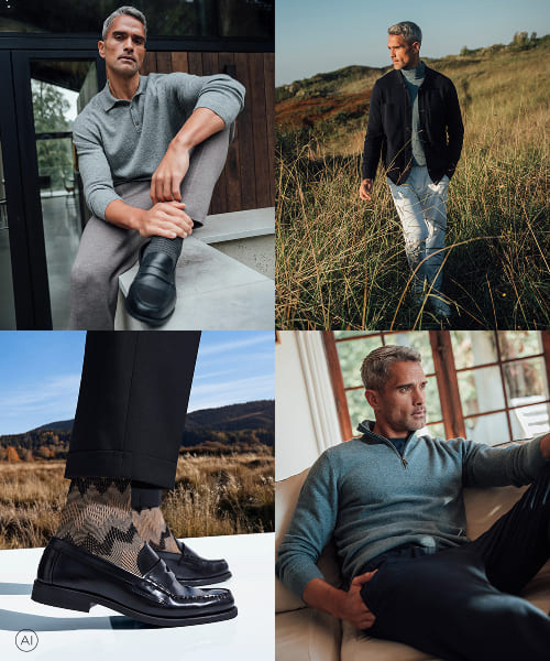 Collage mit Herbst- & Winter Looks für Herren, Strick, Rollkragen, Socken und Loafern. Bild ist mit KI generiert