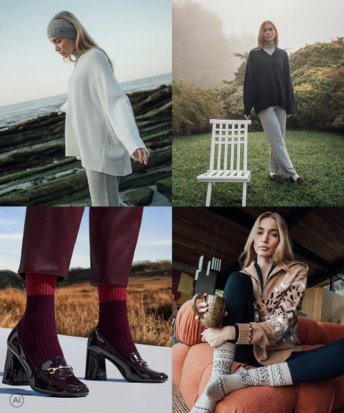 Collage mit vier Fall Winter Looks für Damen, mit Strick, Socken und warmen Accessoires. Bild ist mit KI generiert