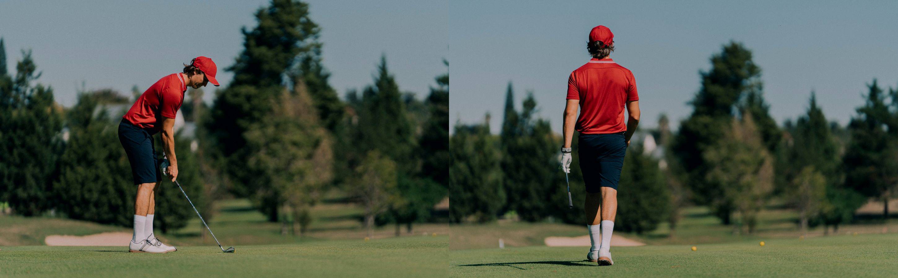 Golfer in rotem Shirt und weißen Socken beim Schlag und auf dem Golfplatz.