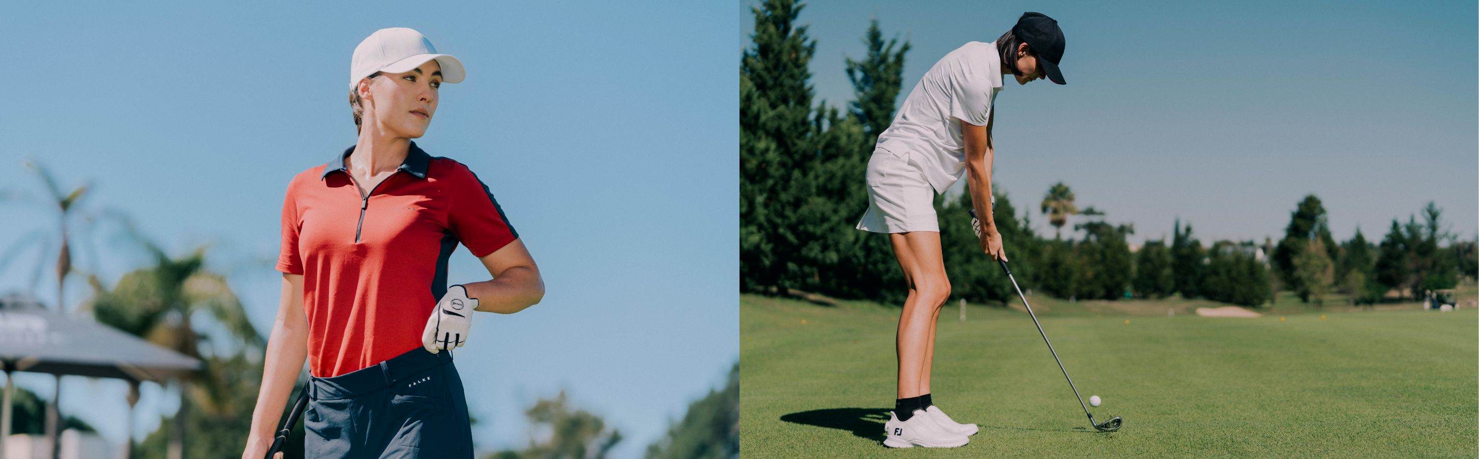 Golfsocken & -bekleidung für Damen Golferin in rotem Shirt und dunklen Socken beim Schlag auf dem Golfplatz.
