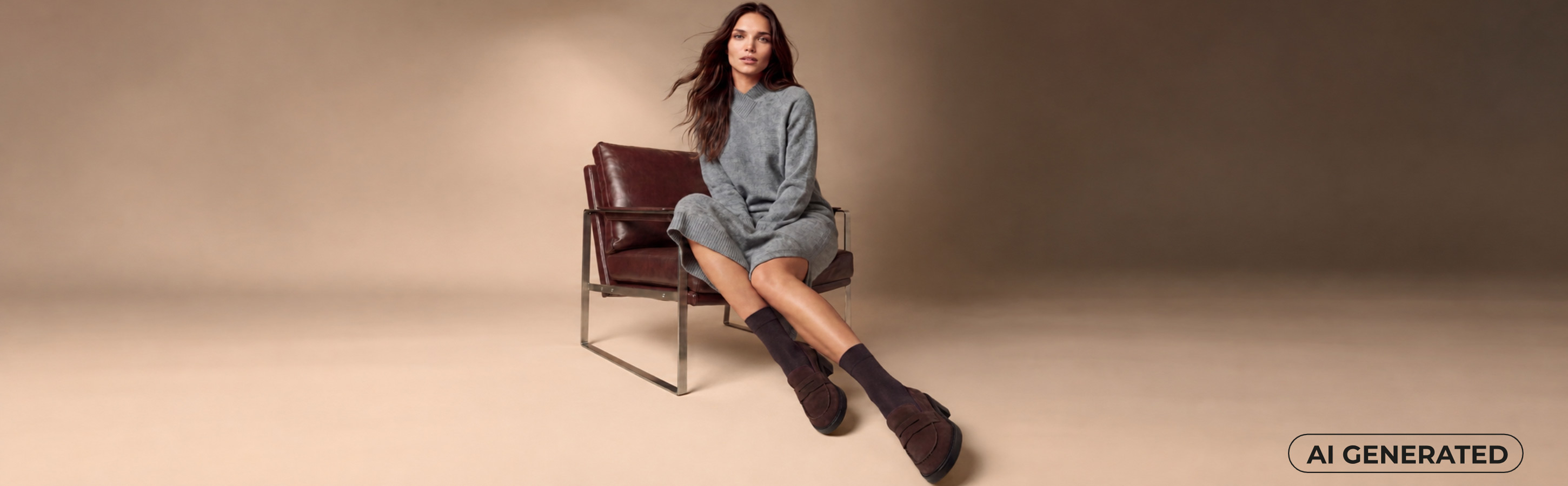 FALKE Sensitive London Socken mit druckfreiem Bund Frau trägt braune FALKE Sensitive London Socken zu braunen Loafern und einem grauen Strickkleid. Das Bild ist KI generiert.
